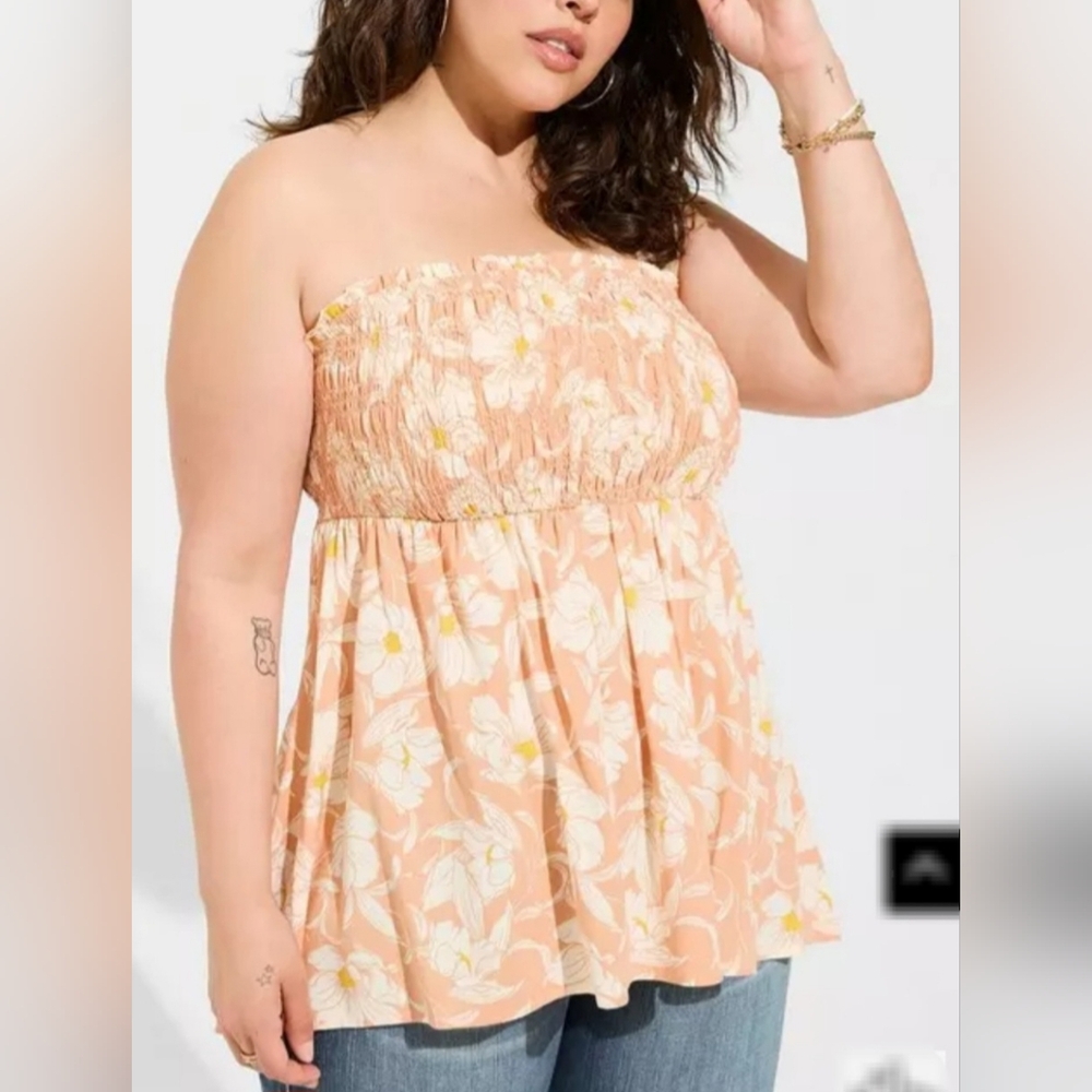 Torrid Rayon Slub Smocked Tube Floral Peach Strapless Top 1/14-16